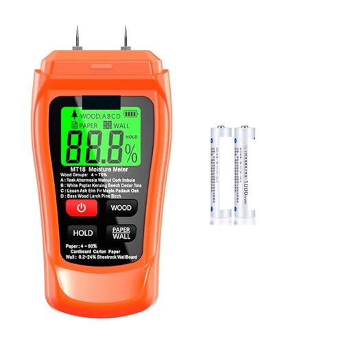 Feuchtigkeitsmesser, MT-18 Orange 0–99,9 % zweipoliger digitaler Holzfeuchtemesser, Papierfeuchtigkeitstester, Wandhygrometer, Holzfeuchtigkeitsdetektor(Orange with Battery) von RDVXI