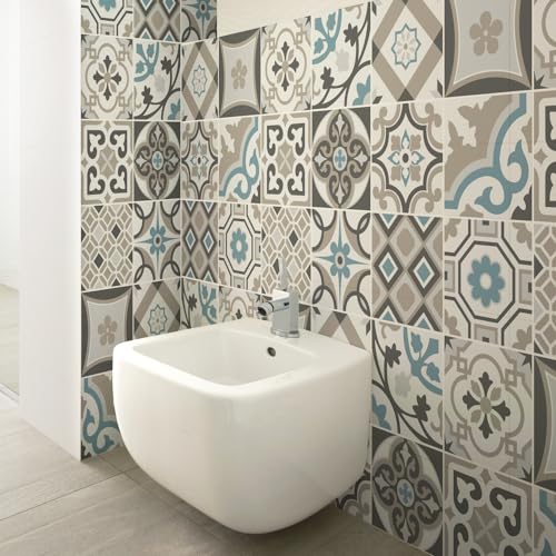 RE-COVERTILES - Fliesenaufkleber Badezimmer und Küche 24 Stck 10x10 cm - PS00211 PVC-Wanddekoration Wasserdicht Fliesen Mosaik Stil Azulejos-Zementfliesen von RE-COVERTILES