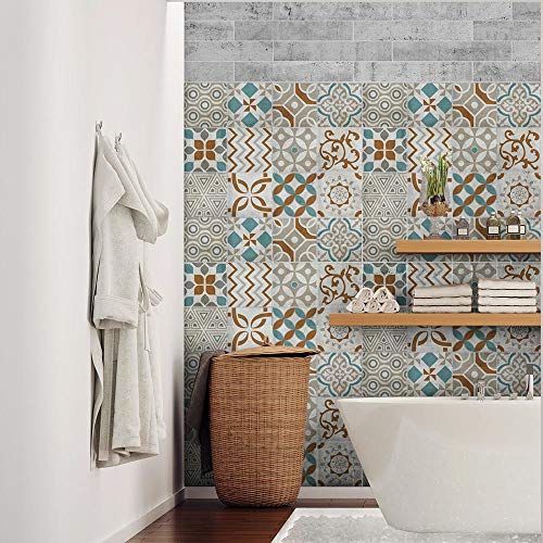 RE-COVERTILES - Fliesenaufkleber Badezimmer und Küche 24 Stck 10x10 cm - PS00205 PVC-Wanddekoration Wasserdicht Fliesen Mosaik Stil Azulejos-Zementfliesen von RE-COVERTILES