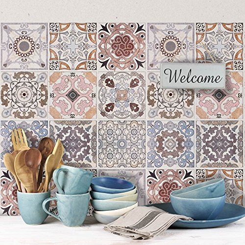 RE-COVERTILES - Fliesenaufkleber Badezimmer und Küche 12 Stck 15x15 cm - PS00058 PVC-Wanddekoration Wasserdicht Fliesen Mosaik Stil Azulejos-Zementfliesen von RE-COVERTILES