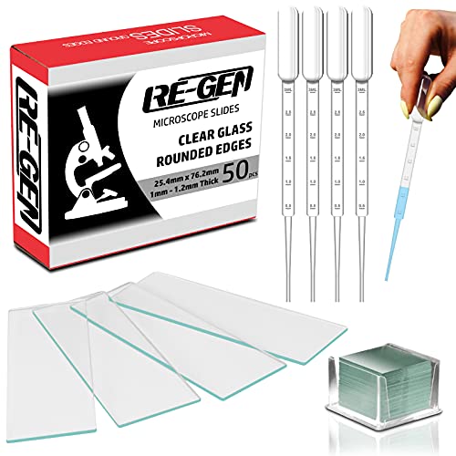 RE-GEN Mikroskop-Test-Set, 50 runde Glasschieber, 100 Abdeckschieber + 50 Kunststoff-Pipetten. von RE-GEN