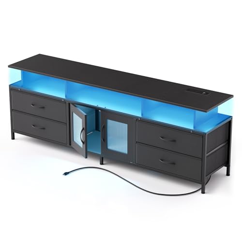 REAHOME 63-Zoll-TV-Ständer für 65-75-Zoll-Fernseher, Entertainment-Center mit Ladestation und LED-Licht, Medienkonsolentisch mit Aufbewahrungsschränken & Regalen, Kommode TV-Ständer für Wohnzimmer von REAHOME