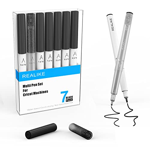 REALIKE Schwarze Stifte für Cricut Maker 3/Maker/Explore 3/Air 2/Air Kalligraphie Glitter Gel Stil 7 StiftVariety Spitzen Größe 0.4 Fine Point Tip 1.0/2.0/2.5 für Zeichnung von REALIKE