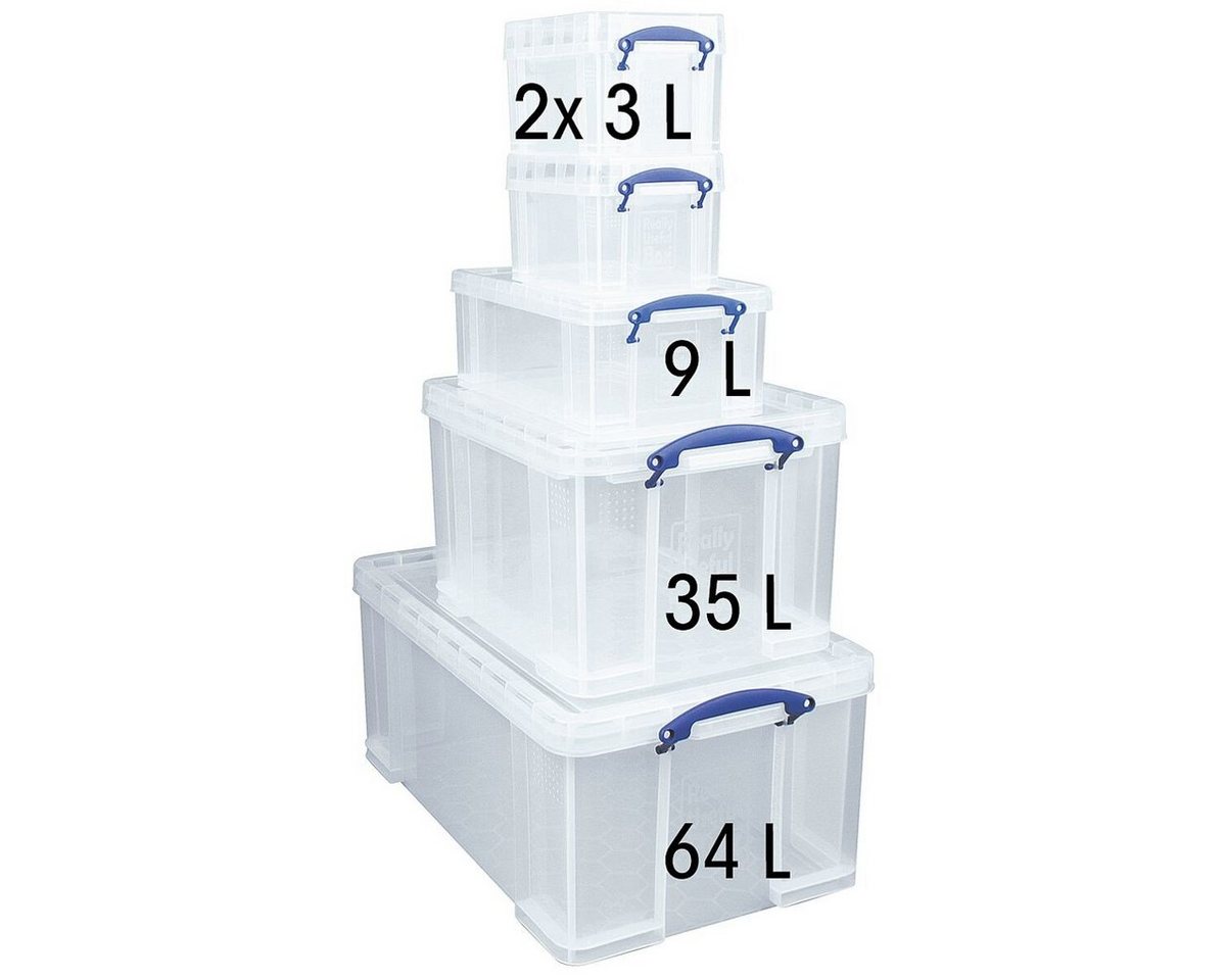 REALLYUSEFULBOX Aufbewahrungsbox (5 St), Set 64 / 9 / 3 Liter, verschließbar und stapelbar von REALLYUSEFULBOX