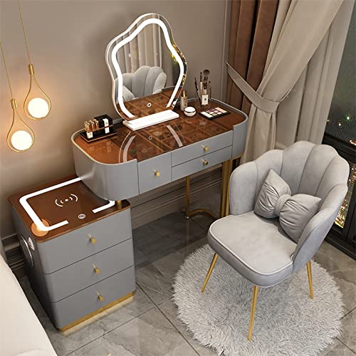 Schminkset mit Ladestation, Schminkspiegel, großer Schminktisch mit 3-farbig verstellbarem Touch-Licht, Bluetooth-Lautsprecher, gepolsterter Hocker für Frauen und Mädchen ( Color : Gray b+chair , Size von REALN