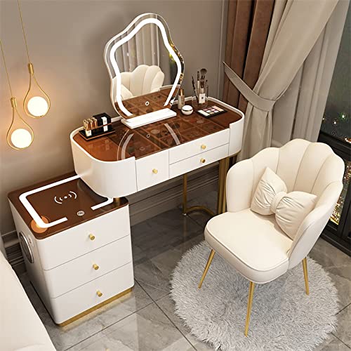 Schminkset mit Ladestation, Schminkspiegel, großer Schminktisch mit 3-farbig verstellbarem Touch-Licht, Bluetooth-Lautsprecher, gepolsterter Hocker für Frauen und Mädchen ( Color : White+chair , Size von REALN