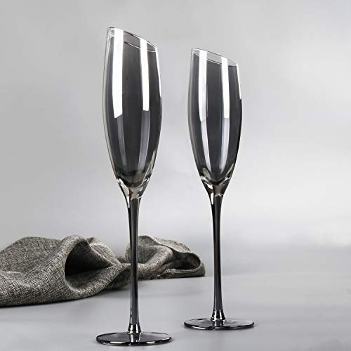 REAWOW Kristall Champagnergläser Sektgläser 180ml Bleifreies Galvanik Grau Champagnerflöten Sekt-Kelch mit gezogenem Stiel Geschenk Set 2tlg von REAWOW