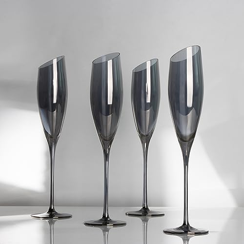 REAWOW Kristall Champagnergläser Sektgläser 180ml Bleifreies Galvanik Grau Champagnerflöten Sekt-Kelch mit gezogenem Stiel Geschenk Set 4tlg von REAWOW