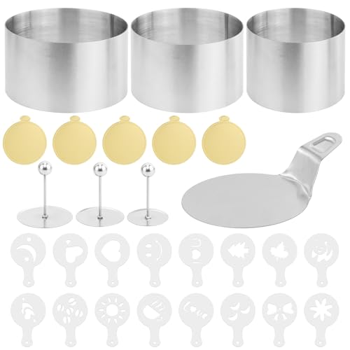 REBECCAGIBSON Dessertringe Set 6er Premium Edelstahl Speiseringe (7cm) mit Deckel & Basis, Nahtlose Mousse Form, 16 Schablonen - Profi Tortenring für Backen, Dessert,Mousse & Anrichten von REBECCAGIBSON