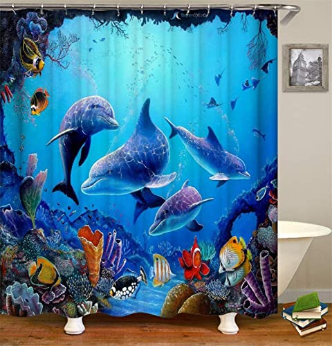 3D Duschvorhang 120x180 Delfin Duschvorhänge Antischimmel Wasserdicht Badevorhang Delfin Duschrollo für Badewanne Dusche Shower Curtains, 8 Duschvorhang Ringe von REBELA