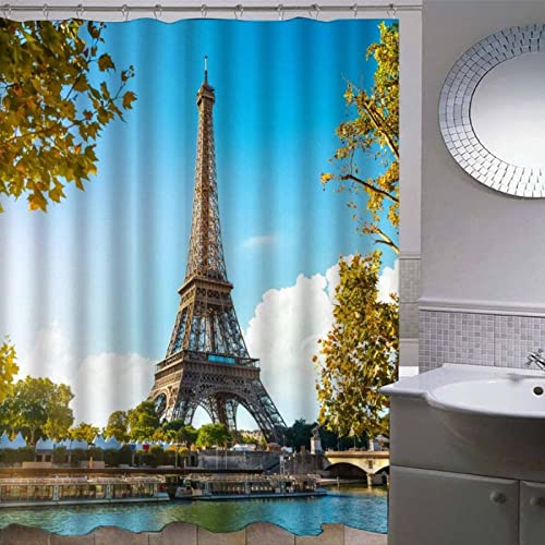 3D Duschvorhang 120x200 Paris Duschvorhänge Antischimmel Wasserdicht Badevorhang Paris Duschrollo für Badewanne Dusche Badezimmer Shower Curtains, 8 Duschvorhang Ringe von REBELA