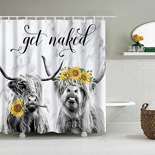 3D Duschvorhang 120x200 Sonnenblumen-Hochlandrinder Duschvorhänge Antischimmel Wasserdicht Badevorhang Hochlandrinder Duschrollo für Badewanne Dusche Shower Curtains, 8 Duschvorhang Ringe von REBELA