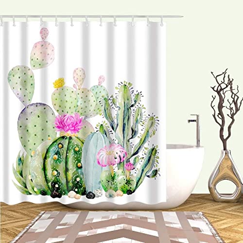 3D Duschvorhang 180x180 Kaktus Duschvorhänge Antischimmel Wasserdicht Badevorhang Kaktus Duschrollo für Badewanne Dusche Shower Curtains, 12 Duschvorhang Ringe von REBELA