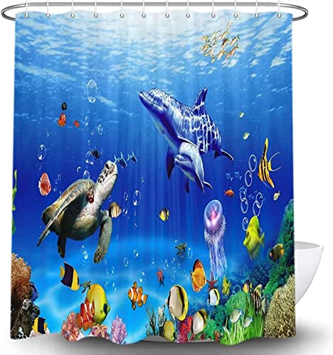 3D Duschvorhang 200x200 Delphin-Meeresschildkröte Duschvorhänge Antischimmel Wasserdicht Badevorhang Delphin-Meeresschildkröte Duschrollo für Badewanne Dusche Shower Curtains, 12 Duschvorhang Ringe von REBELA