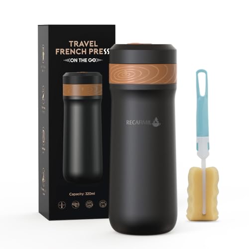 RECAFIMIL Tragbare French Press Edelstahl-Kaffeemaschine, Reise-Kaffeemaschine, Isolierflasche, 320 ml, tragbarer Kaffeebereiter mit doppelwandiger Isolierung, ideal für unterwegs Kaffeeliebhaber von RECAFIMIL