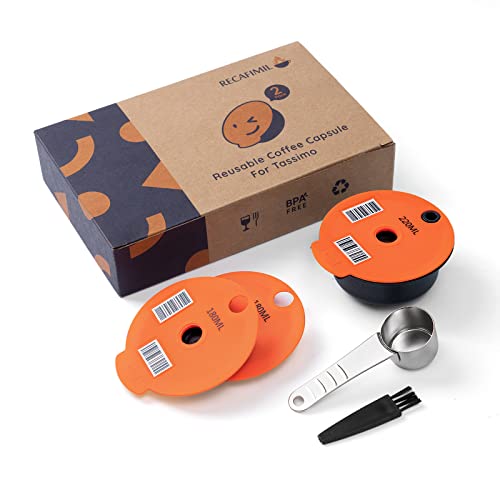 RECAFIMIL Wiederverwendbare Tassimo-Kaffeekapseln, kompatibel mit Para Tassimo Cápsula de repuesto, Kaffeefilter Para Tassimo (220 ml in Orange + Spoon + 180 ml Lids) von RECAFIMIL