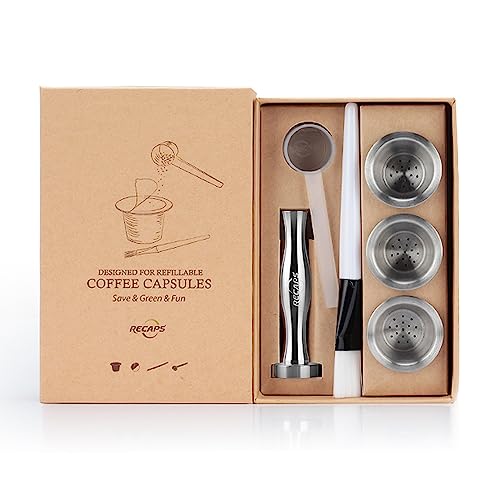 RECAPS Wiederverwendbare Kapseln Edelstahl Nachfüllbare Pods Kompatibel Mit Nespresso (3 Kapsel +1 Kaffee Hammer+ 120 Dichtungen) von RECAPS
