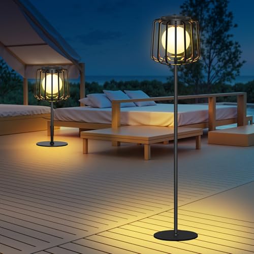 RECHOO Solarlampe für Außen Garten, 2 Stück LED Stehlampe Outdoor Akku mit 3 Farben, Mond Stehleuchte, Metall Solar Stehlampe IP65 Wasserdicht für Garten Terrasse Balkon Innenbereich Außenbereich Deko von RECHOO