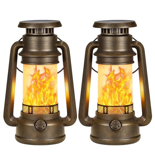 RECHOO Solarlampen für Außen Hängend, 2 Stück Vintage Solar Laternen für Draußen LED mit Flammeneffekt Solarlampen, IP65 Wasserdicht Solarleuchten Balkon Tisch Garten Camping Deko von RECHOO