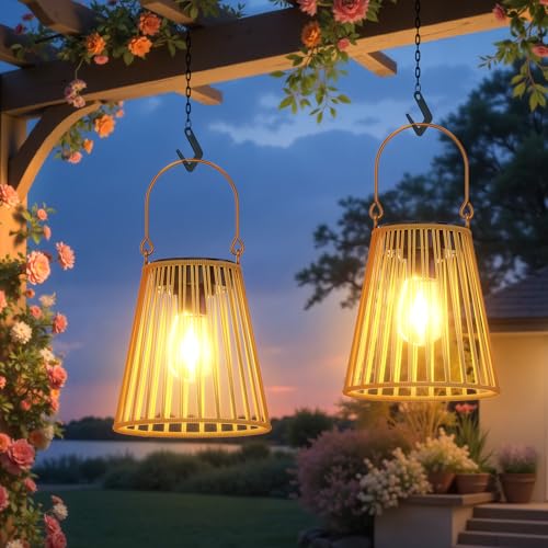 RECHOO Solarlampen für außen Hängend/Stehend 2 Stück Handgestrickte Solar Laterne im Boho-Stil, IP65 Wasserdicht Solarleuchten Garten für Balkon, Terrasse, Tisch, Garten Deko, weihnachten von RECHOO