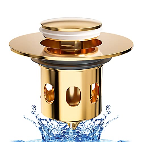 RECKODOR Badewannenstöpsel Pop up Abfluss Stopfen Stöpsel Waschbecken Messing Push-Typ Ablaufgarnitur Sieb Mit 2 Dichtungen füR Zwischen 33.5-41.5mm Bad KüChen Waschbecken Abfluss ZubehöR-Gold von RECKODOR