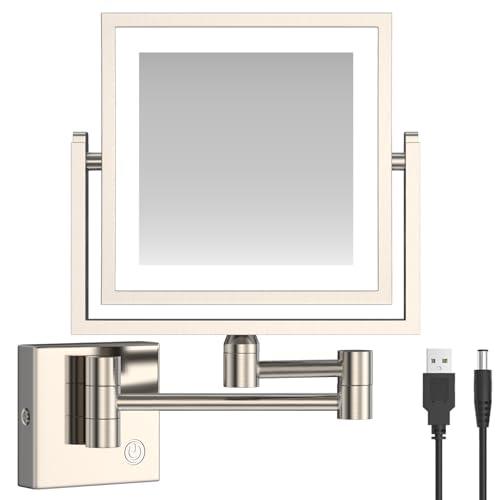 RECKODOR Kosmetikspiegel mit Beleuchtung Wandhalterung,Schminkspiegel Wandmontage 1X/3X Doppelseitiger Vergrößerung Spiegel,Messing Badspiegel Quadrat,Dimmbarer Rasierspiegel mit Memory-Funktion von RECKODOR