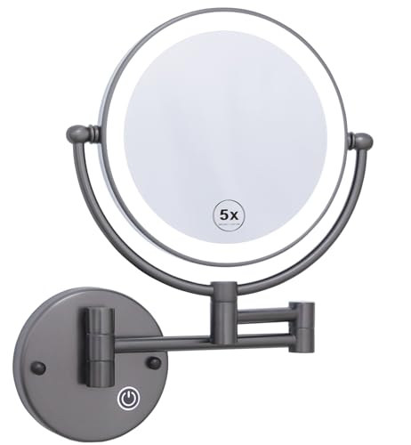 RECKODOR Kosmetikspiegel mit LED Beleuchtetung, 1X 5X Messing Schminkspiegel Wandmontage, Dimmbarer Rasierspiegel, Touchscreen, 360°Drehbar, Schminkspiegel für Badezim USB Wiederaufladbar von RECKODOR