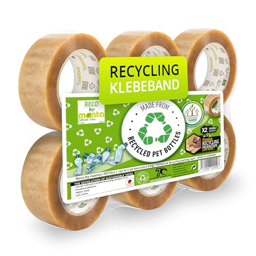 RECO by monta Greenline Recycling Paketklebeband Premium | 6 x 132m doppelte Länge | 792 Meter gesamt | Leises Abrollen durch Naturkautschukkleber | 50mm volle Breite | Transparentes Klebeband von RECO