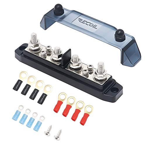 RECOIL BBPG4 Sammelschiene positiv und negativ 4 x M8 Bolzen und 4 x #8 Schraubklemmen Stromverteilerblock Sammelschiene mit Ringklemmen 250 Ampere Nennleistung von RECOIL