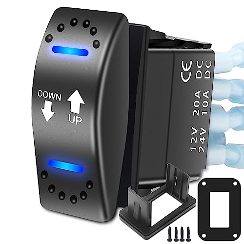 RECOIL LAS2 DPDT 20 A 12 V DC-Motor, Polaritätsumkehr, Momentaner Wippschalter mit Pigtail-Kabelaktuator Auf/Ab, blaue LED mit Aluminiumplattenadapter und Carling-Schalteradapter von RECOIL