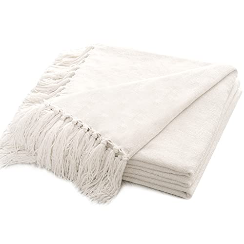 RECYCO Wohn und Kuscheldecke Chenille 127x152 mit Fransen, Quasten Weiss Weihnachten Decke Sofadecke Couchdecke Wohndecke Flauschig Weich für Sofa Couch Stuhl, Weiß von RECYCO