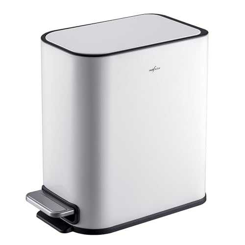 RedFactor Schmaler Kleiner 5L Edelstahl Treteimer für enge Räume – Mülleimer mit Soft-Close-Deckel und herausnehmbarem Inneneimer für Bad, Küche, Schlafzimmer oder Büro (Metallic Weiß) von RED FACTOR