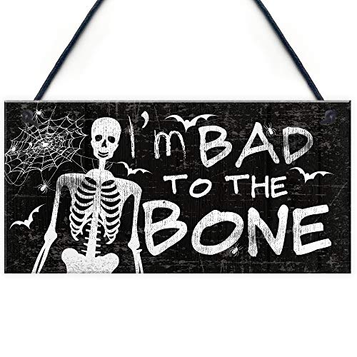 RED OCEAN Lustiges Totenkopf-Schild "Bad To The Bone" zum Aufhängen, Wandschild, Halloween-Dekoration, Zuhause, Shabby-Chic-Schild von RED OCEAN