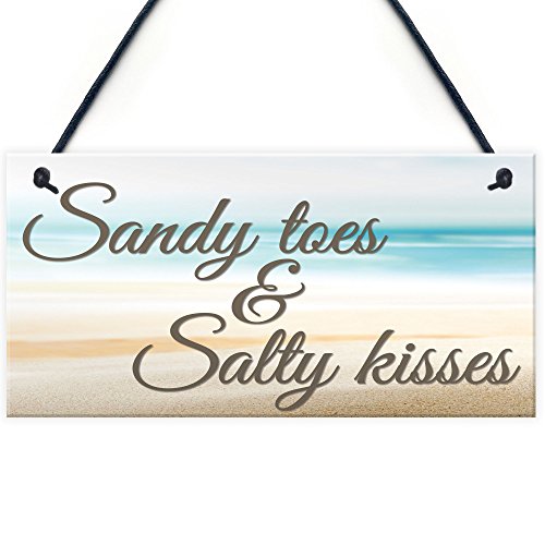 RED OCEAN Schild zum Aufhängen, Motiv: Sandy Toes & Salty Kisses, nautisches Meeresmotiv, für Badezimmer, Schlafzimmer, Strand von RED OCEAN