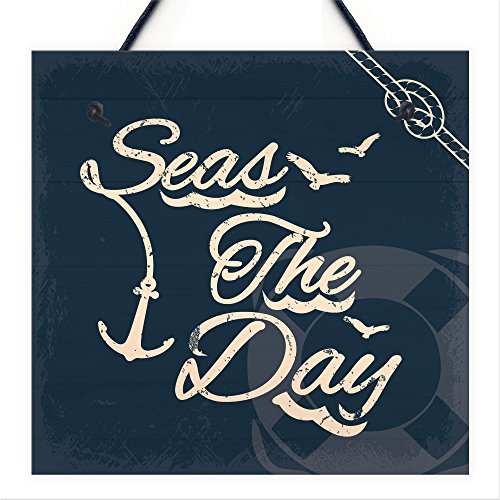 RED OCEAN Seas The Day Wandschild mit nautischem Meer, Küste, Badezimmer, WC, zum Aufhängen, Vintage-Dekoration von RED OCEAN
