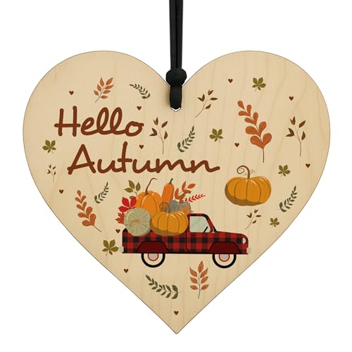 Red Ocean Hello Autumn Dekorationen Holzherz Hängeschild Herbst Bedruckte Blätter und Kürbisse, Ahorn Herbstzubehör Dekor für Thanksgiving und Herbst von RED OCEAN