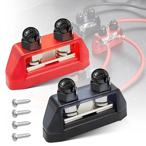 RED WOLF 2 x 3/8 M10 Doppelbolzen-Sammelschiene, 12–48 V Stromverteilerblockhalter, 100 A DC MAX, Batterieklemmen-Abzweigung, Dual-Power-Bolzen-Sammelschiene für Auto, Marine, Boot, Rot und Schwarz von RED WOLF