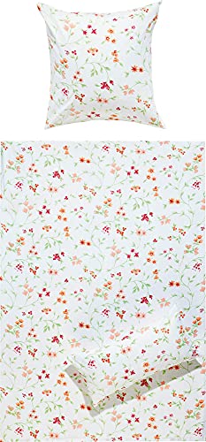 REDBEST Bettwäsche, Bettgarnitur, Kissenbezug Seersucker Blumen - schnell trocknend, bügelfrei, mit Reißverschluss - orange-grün-weiß Größe 135x200 cm (40x80 cm) von REDBEST