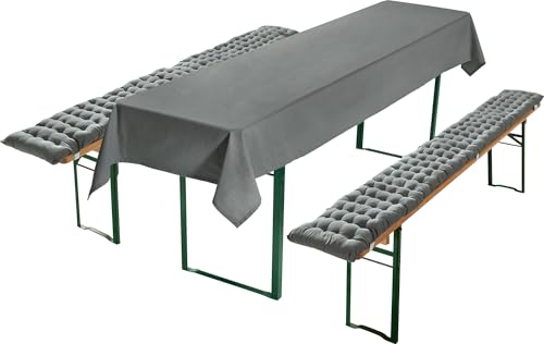 REDBEST Bierbank-Auflagen und Tischdecke 3-teilig grau Größe 90x260 cm - strapazierstark und langlebig, bequemer Sitzkomfort, mit elastischen Bändern von REDBEST