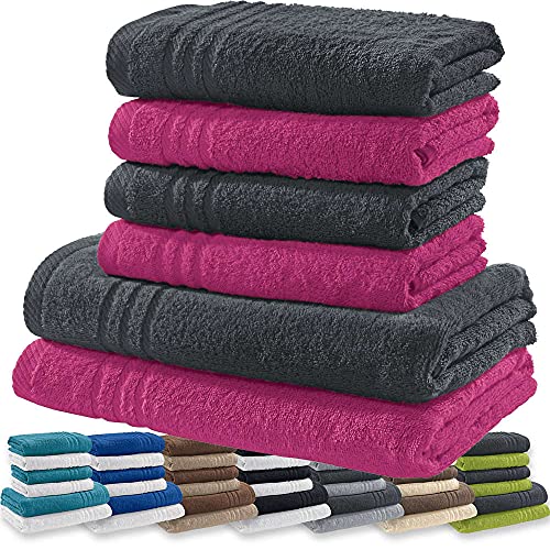 REDBEST Handtuchset, Frottierset New York 2-farbig 6-TLG. Fuchsia-anthrazit - leichte, weiche Qualität, saugstark, sehr strapazierfähig, 100% Baumwolle (weitere Farben) von REDBEST