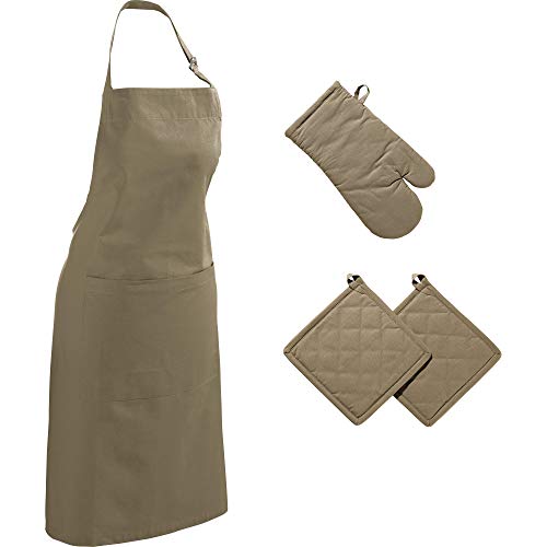 REDBEST Küchen-Set 4-TLG. Seattle, Koch-Schürze, Ofenhandschuh, Topflappen im 2er-Pack Taupe - glattes, Robustes Gewebe, 100% Baumwolle von REDBEST