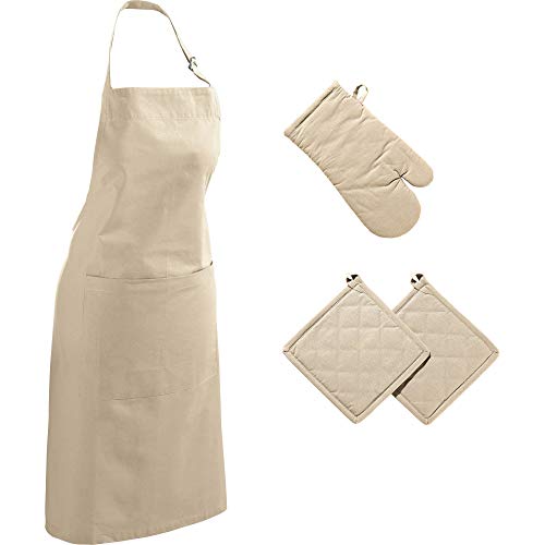 REDBEST Küchen-Set 4-TLG. Seattle, Koch-Schürze, Ofenhandschuh, Topflappen im 2er-Pack beige - glattes, Robustes Gewebe, 100% Baumwolle von REDBEST