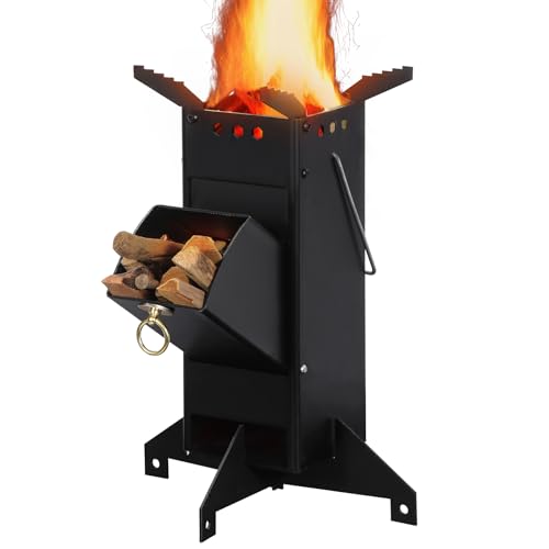 REDCAMP Raketenofen Outdoor mit 4 Klappbarer Topfhalter mit Lieferumfang, Rocket Stove Stecksystem aus 3 mm dickem Stahl Feuerschale BBQ Rakete Holzofen Camping Campingkocher Campinggrill, Schwarz von REDCAMP
