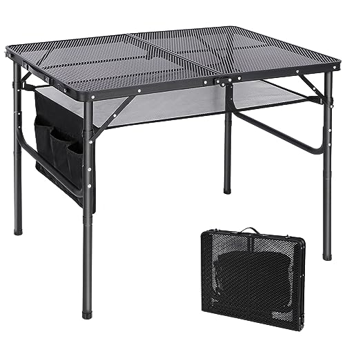 REDCAMP Tragbarer Klappbarer Grilltisch mit Mesh Desktop, 90 x 60cm Leichter Faltbarer Campingtisch für Camping Kochen BBQ RV Picknick, einfach zu montieren mit einstellbaren Höhenbeinen, schwarz von REDCAMP