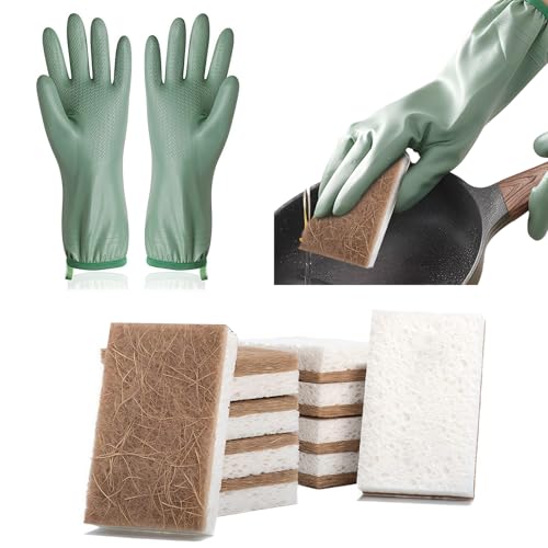 10 Stück Spülschwamm aus Zellulose und Kokosfasern Küchenschwämme Kratzfreier Reinigungsschwamm doppelseitiger Geschirrschwamm für Küche Geschirr Pot Herd, mit 1 Paar Spülhandschuhe von REDKNOT
