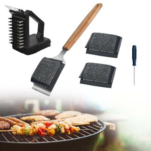 5 Stück 3 in 1 Grillbürste für Gussrost BBQ Grill Reinigungsbürste mit Langer Holzgriff Edelstahl Schaber und 2 Ersatzkopf Drahtbürste Grill für Grillzubehör von REDKNOT
