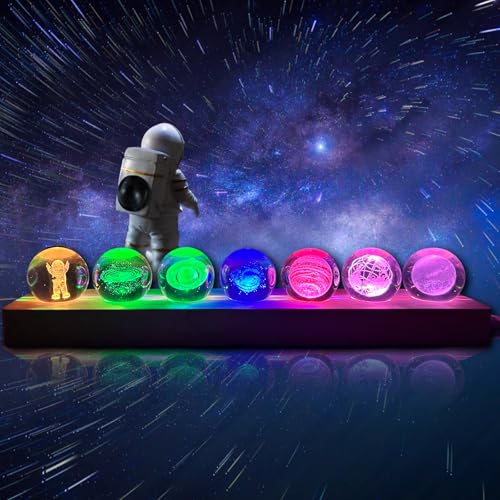 REDKNOT 7 Planet Kristallkugel Nachtlicht 3D Planeten Kristallkugeln Ornamente 40mm Glaskugel Leuchtende Planet Lampe mit LED-Holzsockel Astronomie Deko Geschenk für Valentinstag Weihnachts(Farbe) von REDKNOT