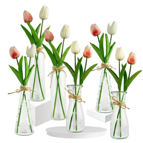Tulpenvase Set 6 Stück Kleine Vasen Glas Klar Blumenvase Glasvasen mit 12 Künstliche Tulpen Weiß Kunstblumen PU Real Touch Gefälschte Blumensträuße für Wohnzimmer, Hochzeit, Tischdekoration von REDKNOT