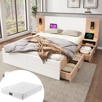 Doppelbett aus Holz 140x200cm mit 2 Schubladen, Lesekopfteil mit USB-Ladefunktion, modernes Bett mit 2 Nachtkommoden, Bettgestell und Lattenrost in von REDOM