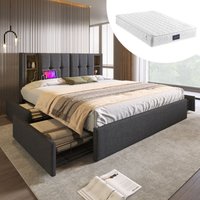 Doppelbett mit kabelloser USB-C-Aufladung und 4 Schubladen, gepolsterter Bettrahmen 160 x 200 cm, Lattenrost aus Holz und grauem Leinen (mit Matratze) von REDOM